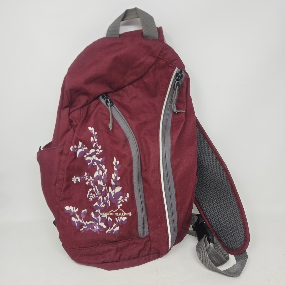 Eddie Bauer Sling Backpack Burgundy Floral Ripstop Crossbody Bag One Strap